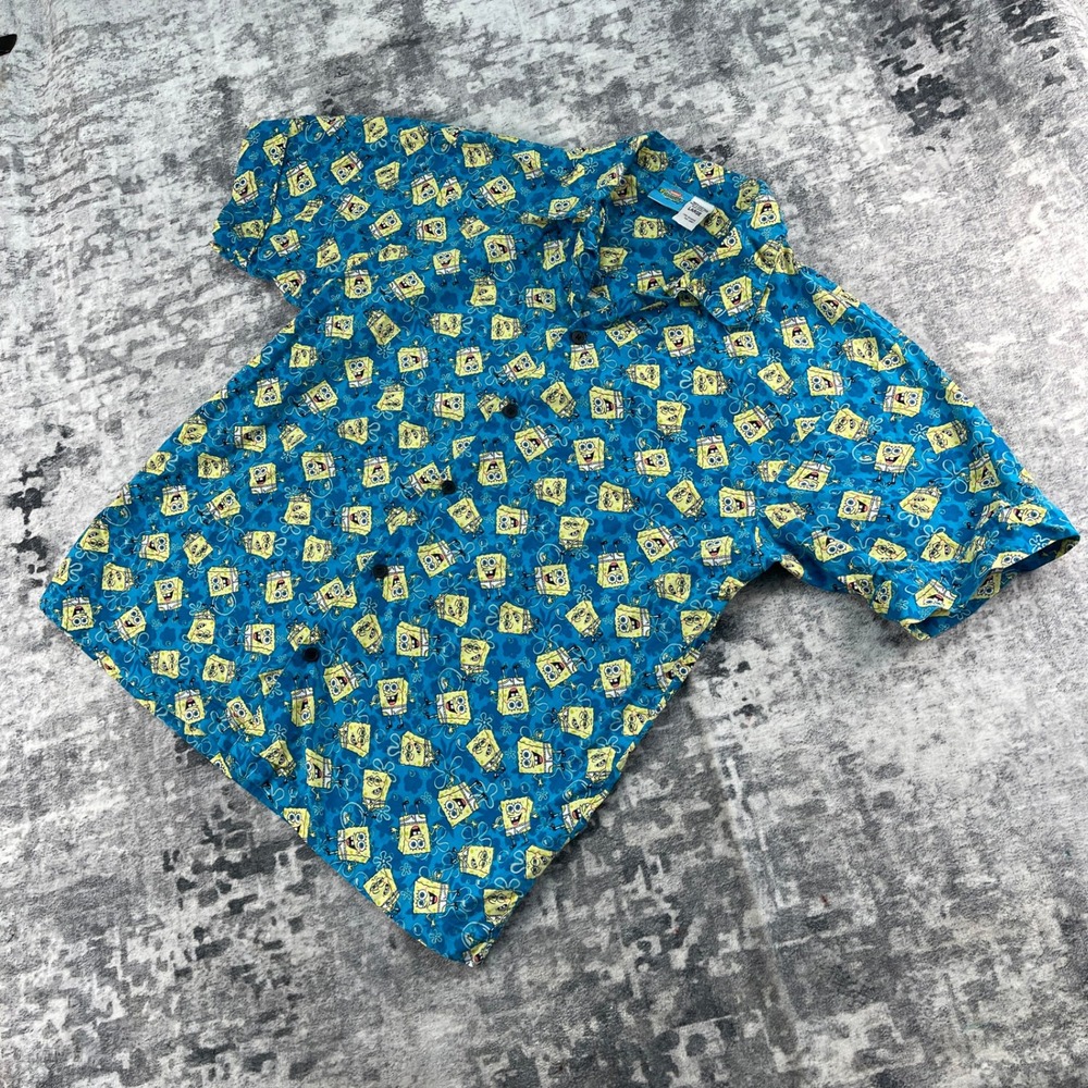 Nickelodeon SpongeBob Men Large Blue Hawaiian Shirt 100% Cotton All Over Print